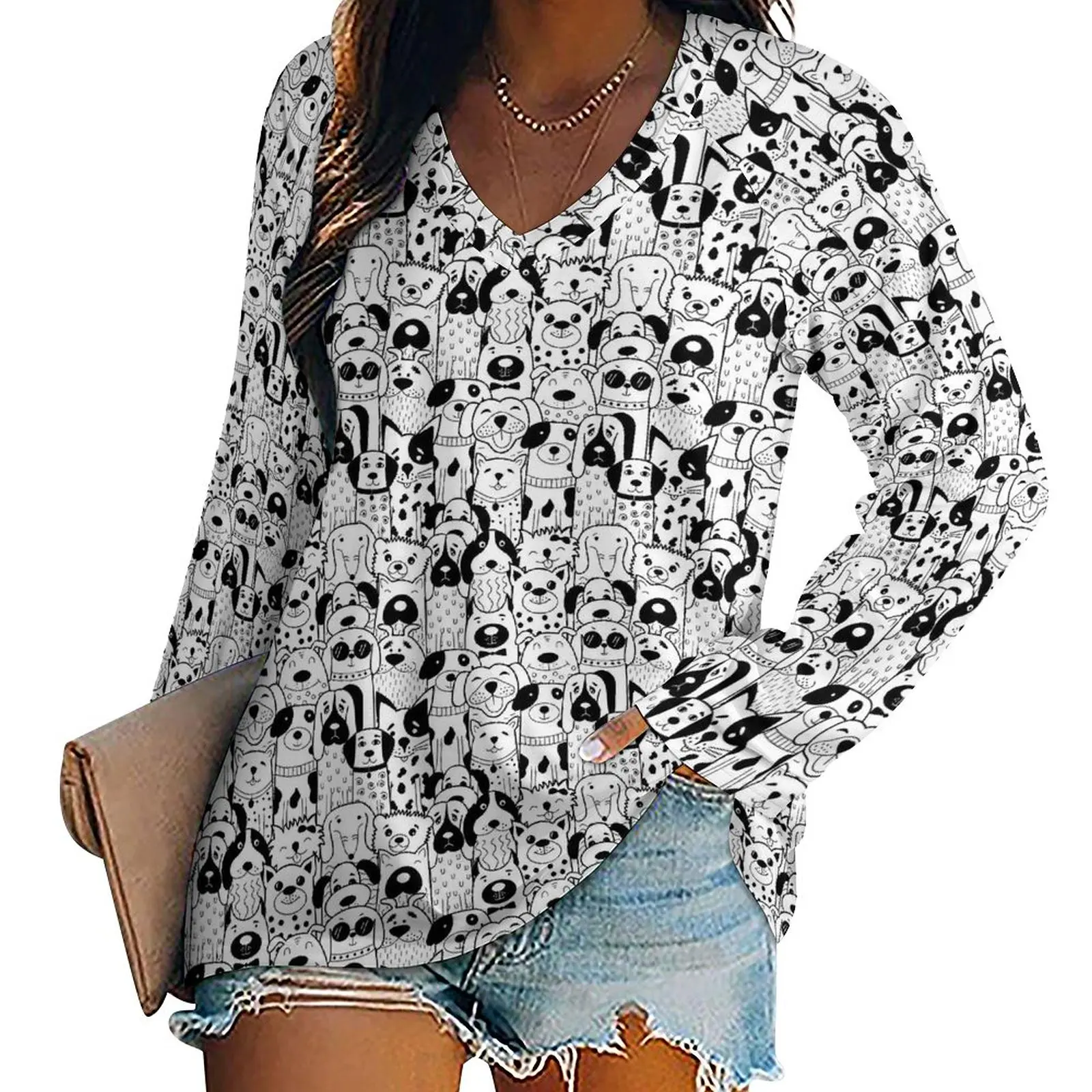 

Футболка женская с длинным рукавом и V-образным вырезом, с принтом собаки