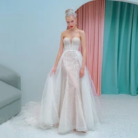 latest exquisite strapless white applique embroidery wedding dress detachable train tulle bridal evening dress for wedding 2022