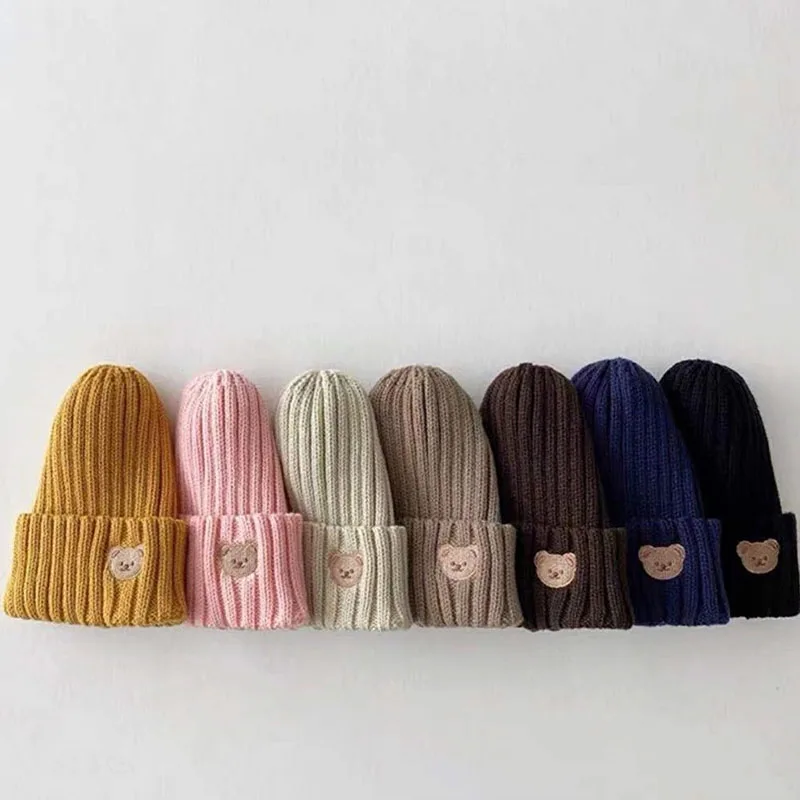 

Мягкая теплая вязаная шапка для малышей, детская шапка с вышивкой медведя, осенне-зимние шапки для мальчиков и девочек, 7 цветов
