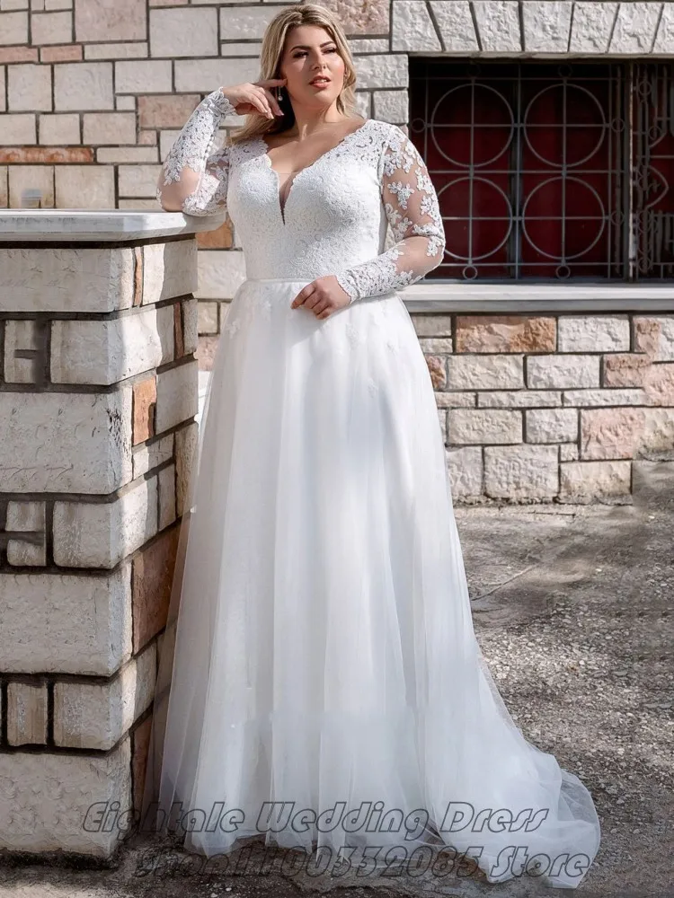 

Eightale 2022 Sexy V Neck Long Sleeve Plus Size Wedding Dress Appliques Lace Tulle Boho Bridal Dress For Big Size Women