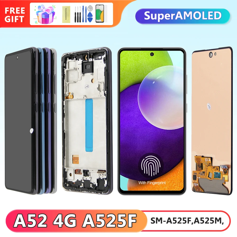 

Super AMOLED A52 Screen Replacement, for Samsung Galaxy A52 A525 A525F Lcd Display Digital Touch Screen with Frame Assembly