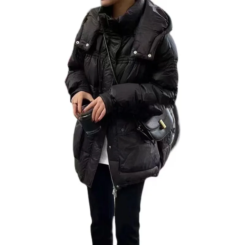 New Hooded Down Jacket Women's Medium-length Solid Colour Jacket Winter White Duck Down Sweet Thickening Warm Cotton Clothing