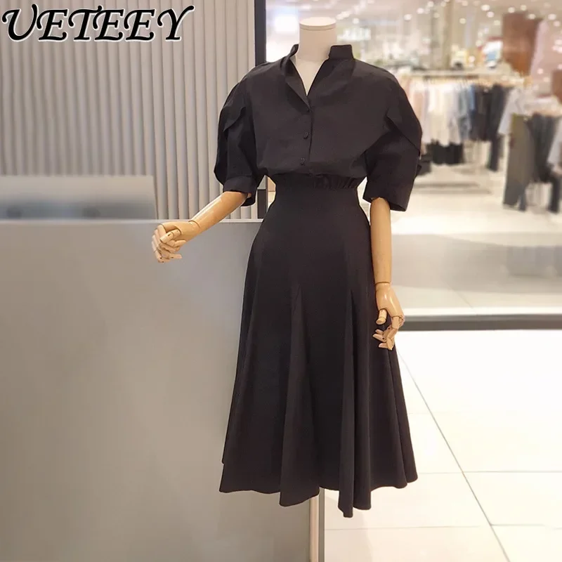 Модное дизайнерское платье с воротником-стойкой и рюшами на рукавах Новинка лета