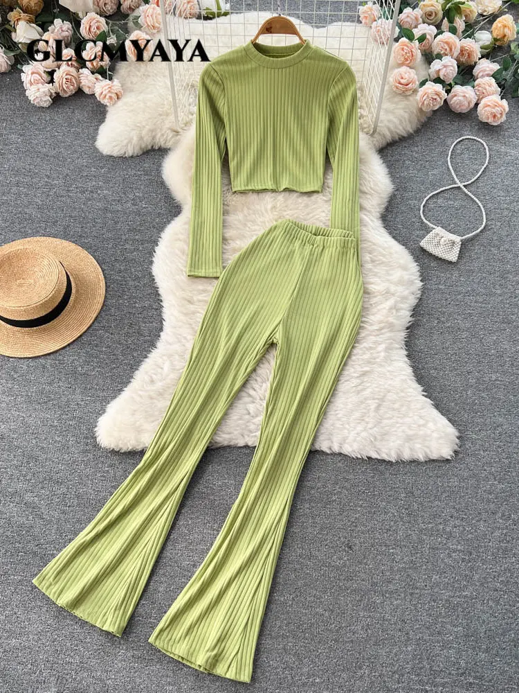 

Элегантный шикарный вязаный женский костюм GLCMYAYA в рубчик с расклешенными прямыми брюками и футболкой с длинным рукавом 2023, Женский комплект из двух предметов