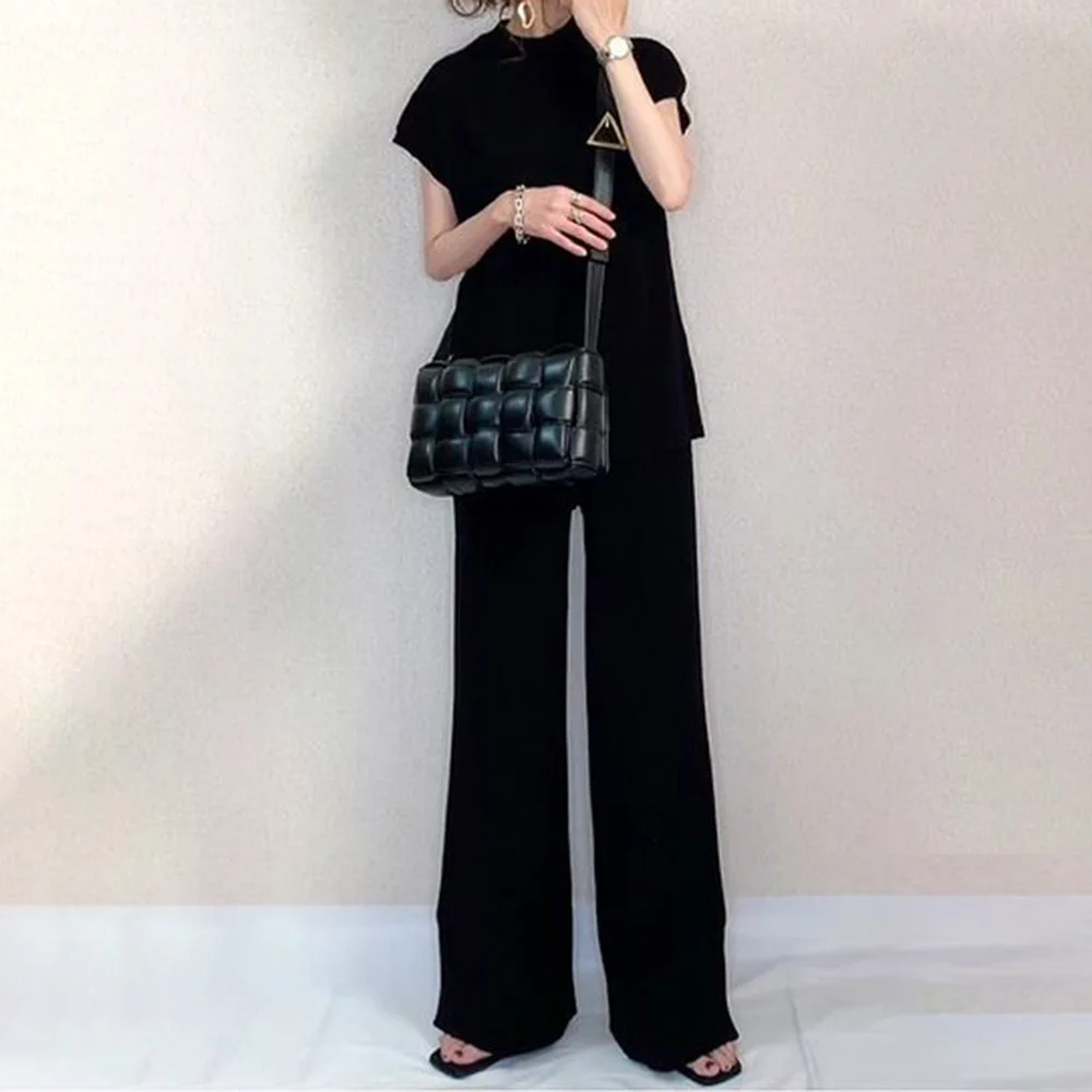 

Women Two Pieces Sets Basic Black T-shirt Wide Legs Pants Set Fashion Solid Loose Suits 2022 Autumn Korean Casual Simple Suits