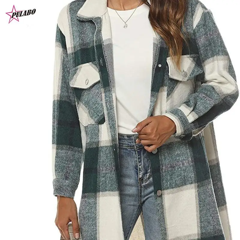 

Women's Casual Plaid Wool Blend Shacket Button Shirt Long Jacket Coat