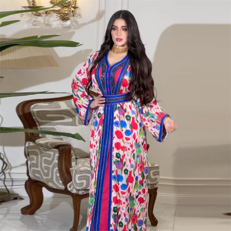 Two Pieces Abaya Dress Set for Women Dubai Muslim Hot Fix Rhinestone Tape Trim Gorgeous Party Evening Robe Corban Eid