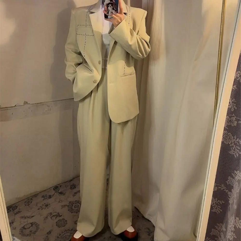 2023 Spring Fashion Loose Women Trouser Suits Long Sleeve Single-Breasted Blazer & High Waist Pants Office Ladies 2 Piece Set