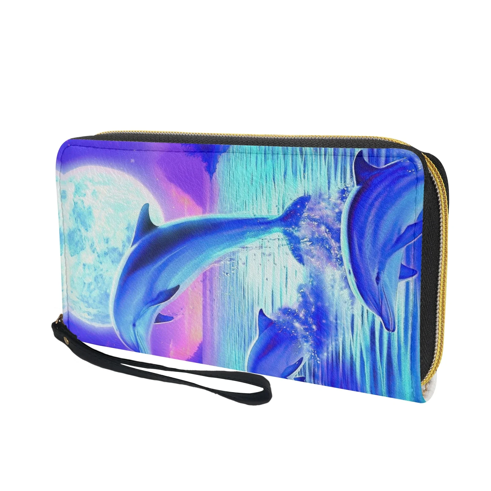 Belidome Womens Wristlet Wallet Dolphins Under Moonlight RFID Blocking Leather Multi Credit Card Zip Around Clutch Travel Purse