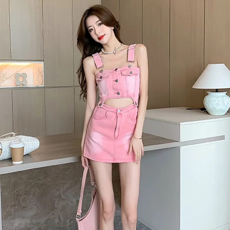 

Denim Pink Sexy Women Sets Button Pocket Irregular Strapless Backless Top And Skirt Streetwear Two Piece Set