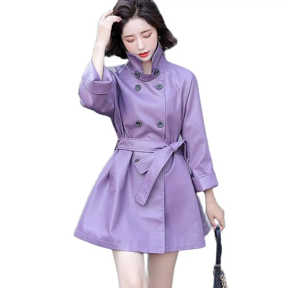 New Women Leather Trench Coat Spring Autumn Single Breasted Adjustable Waist Loose Sheepskin Coat Casual Jacket Split Leather