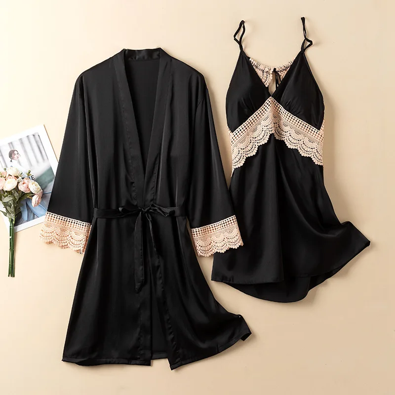 

2PCS Nighty&Robe Set Summer Bathrobe Gown Suit Female Kimono Sleepwear Loungewear Sexy Nightdress Casual Rayon Home Wear