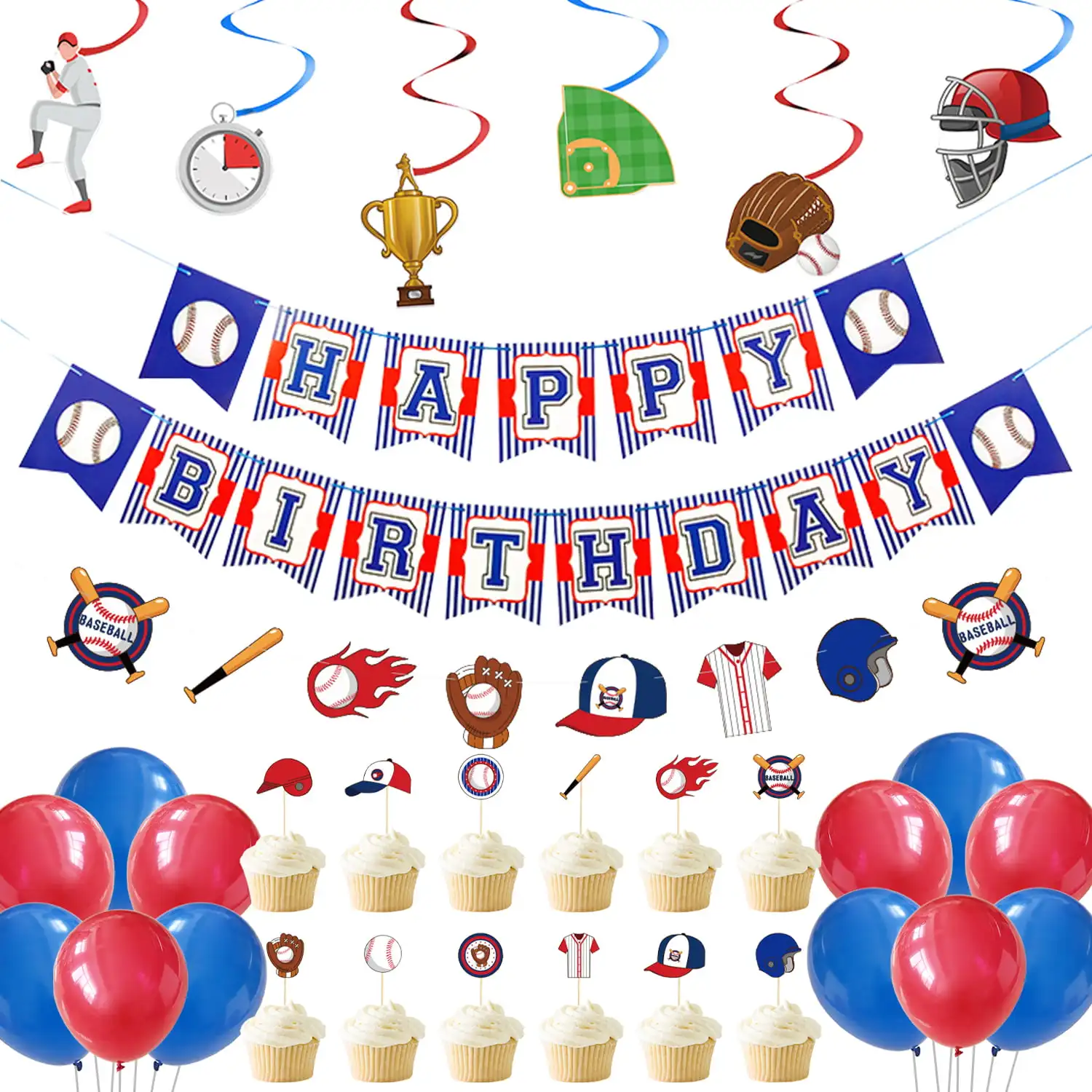 

Funmemoir Sports Baseball Theme Birthday Party Decorations Supplies Balloons Gloves Baseball Cake Topper Banner Hanging Swirl