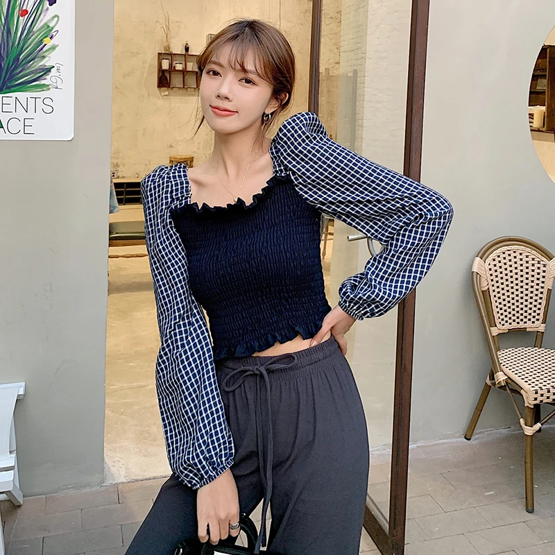 

COIGARSAM Blouse Women Spring 2022 Cute Patchwork Plaid Puff Sleeve Blusas Womens Tops And Blouses Dropshipping