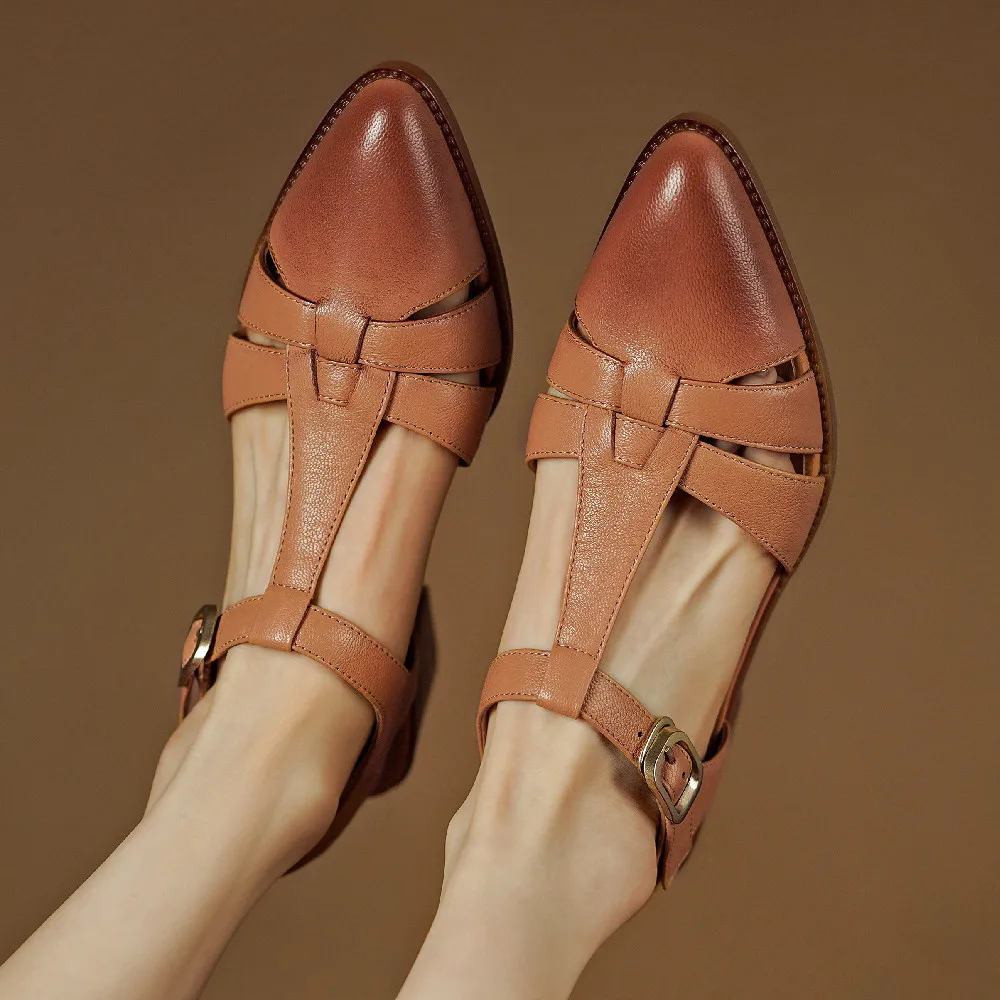 Женские босоножки из овечьей кожи с тонкими ремешками и Т-образным ремешком