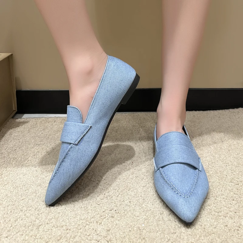 Denim Shoes Woman Fashion Pointed Toe Moccasins Ladies Blue Canvas Flat Loafers Plus Size