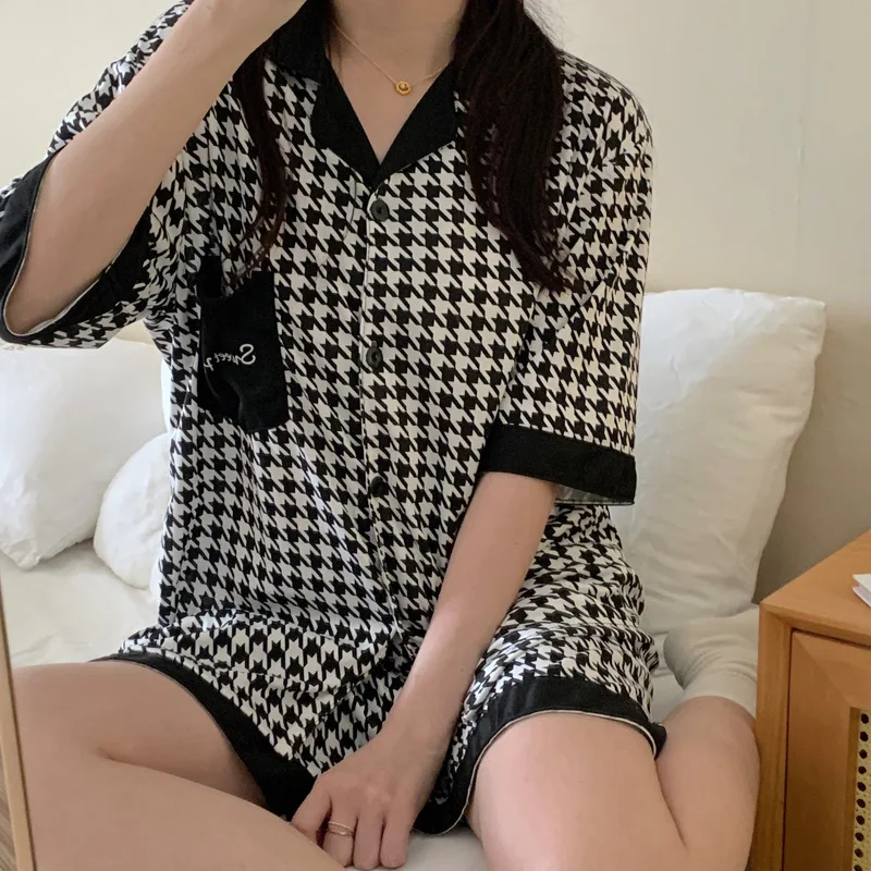Harajuku Pajamas Set For Women Summer V Neck 2 Pieces Sleepwear Korean Style INS Casual Home Clothes Anime Girls Print Nightgown