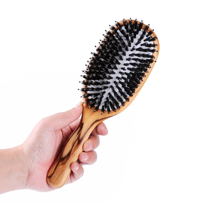 

23cm Olive Wood Hair Comb with Natural Boar Bristles - Styling and Smoothing detangling hair brush