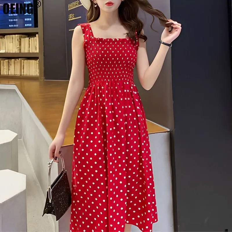 

Chiffon Polka Dot Sleeveless Dresses for Women 2023 Elegant Square Neck Vintage Summer Dress Sundresses White Midi Evening Dress