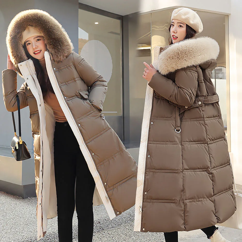 Enlarge Lengthened Winter Down Coat for Women Solid Color Plush Hat Loose Women's Thermal Padded Jacket Casual Windproof Down Jacket