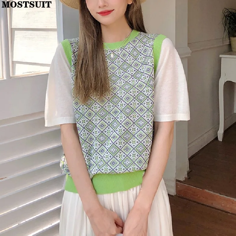 

Fake Two Pieces Knitted Tshirt Sweater Women Argyle Jacquard Vintage Fashion Stylish Tees Tops Short Sleeve O-neck Pullover 2023