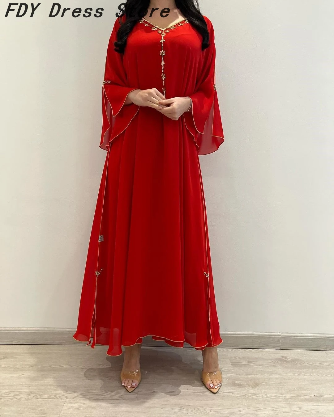 

Винтажное красное шифоновое вечернее платье с V-образным вырезом и длинным рукавом, выпускные платья длиной до щиколотки, Официальные Вечерние платья