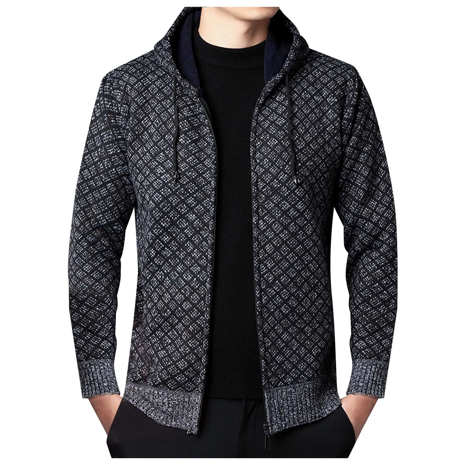 

Mens Autumn And Winter Solid Colour Hooded Zipper Warm Cardigan Knitted Coat Jackets for Men for Winter