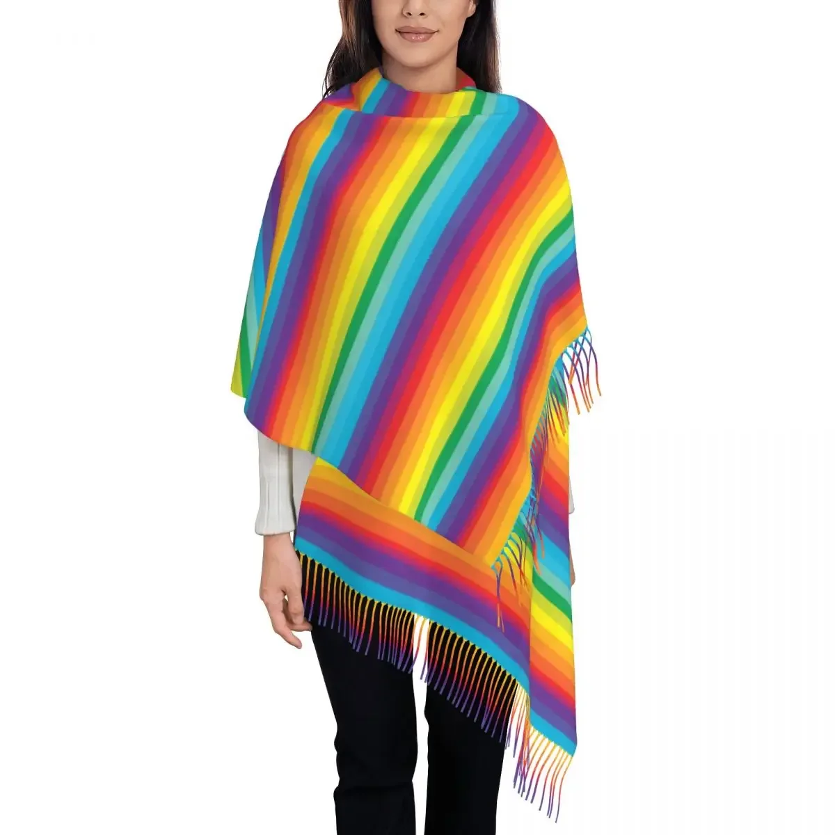 Шарф в радужную полоску теплые шали с красочным принтом и кисточкой женские