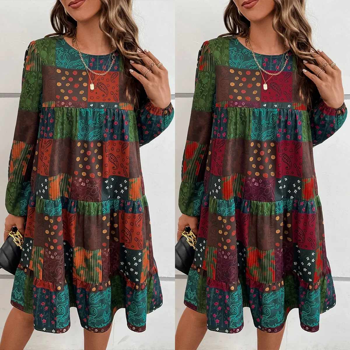 

2023 Autumn Women's Clothes Casual Geometry Printed Diagonal O-neck Long Sleeves Loose Waist Women's A-line Dresses