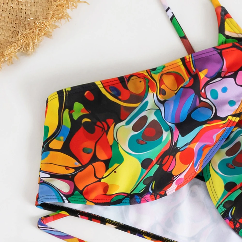 Купальник-бикини женский с юбкой пуш-ап и высоким вырезом