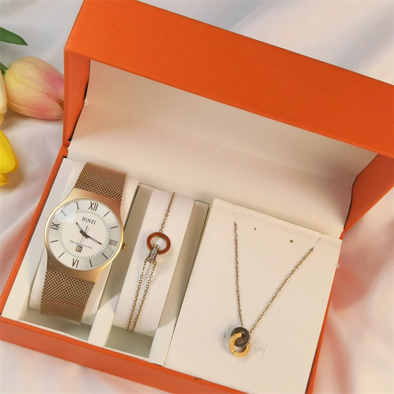 Fashion Hot Sale Waterproof Couple Steel Strap Watch Set Bracelet Necklace Men Women Student Calendar Rose Gold | Наручные часы