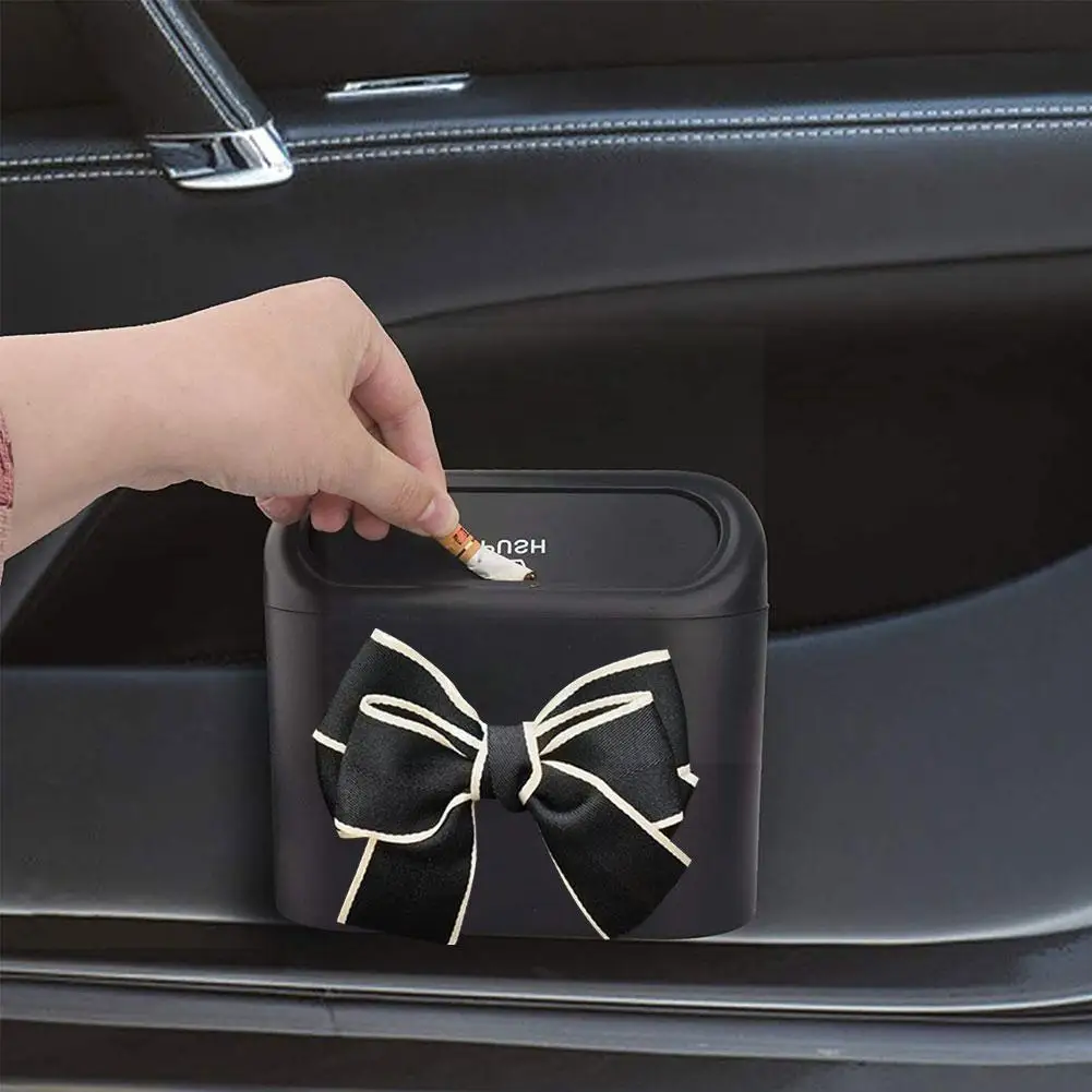 

Cute Bowknot Car Trash Bin Hanging Vehicle Garbage Case Storage Accessories Trash Dust Can Box Type Pressing Car Interior A X3J5