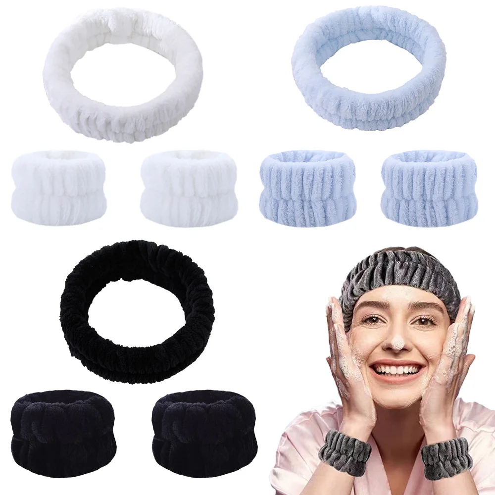 

Coral Fleece Hairband Wristband Set Women's Microfiber Absorbent Non-Slip Face Washing Spa Headband Soft Elastic Hairbands