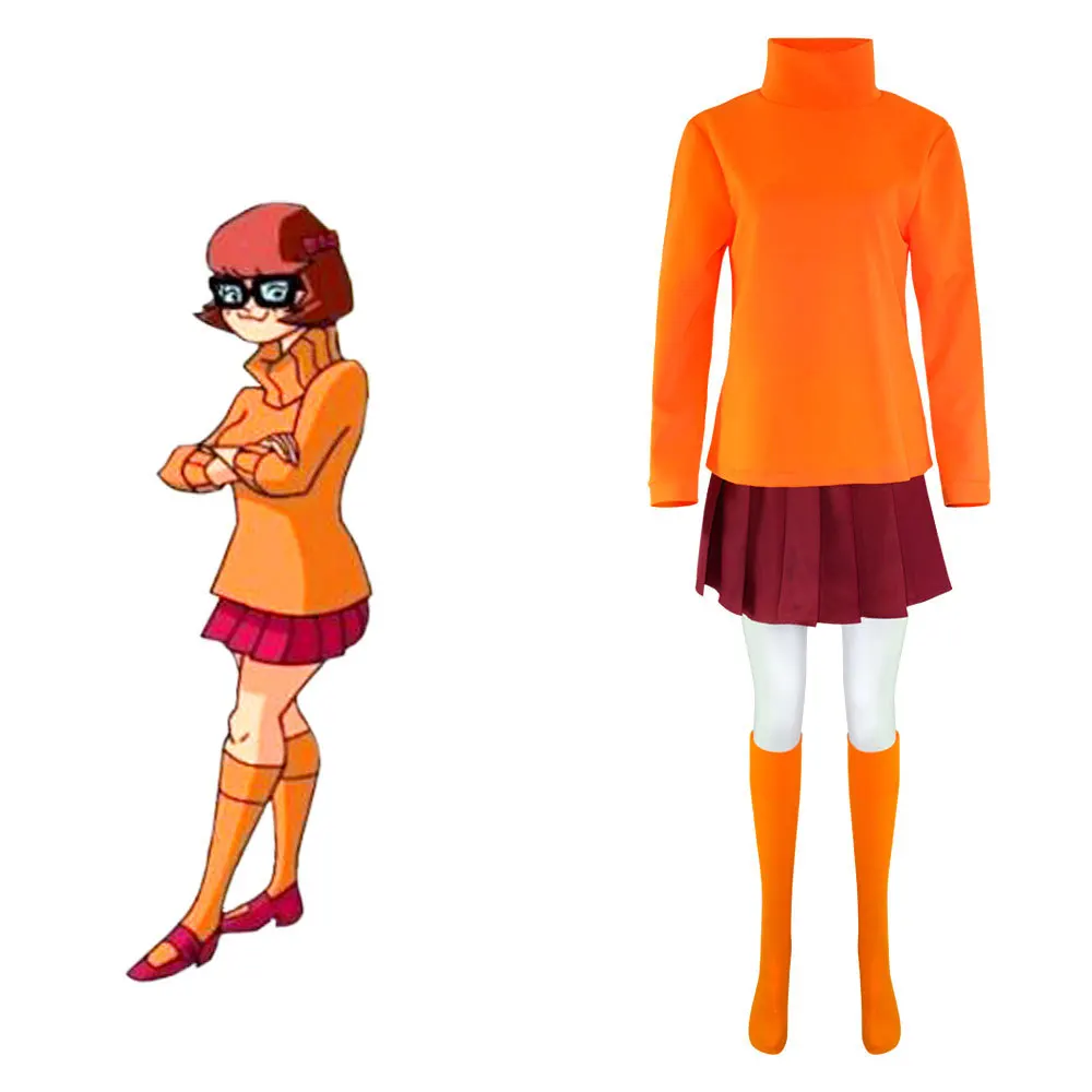 

Velma Cosplay Uniform Anime Woman Orange Top Skirt Socks Halloween Costume Set Girls Velma Wig