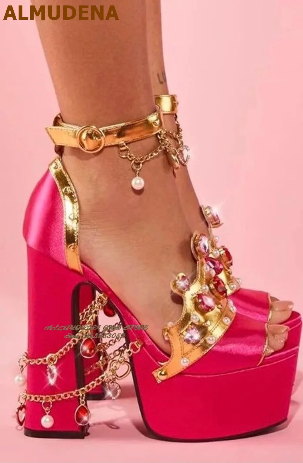 

ALMUDENA Gold Crown Multi-color Crystal Wedding Shoes Pink Silver Chunky Heel Platform Jewelry Beaded Banquet Sandals Gem Pumps