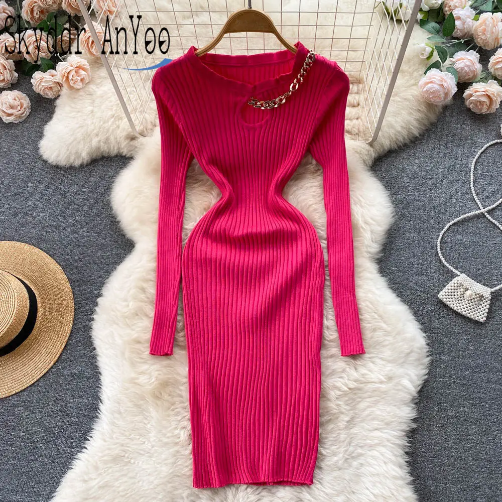

Autumn Winter Knitted Dress For Women 2022 Long Sleeve Robe Tight Bodycon Slim Sweater Basic Dress Chic And Elegant Woman Dress