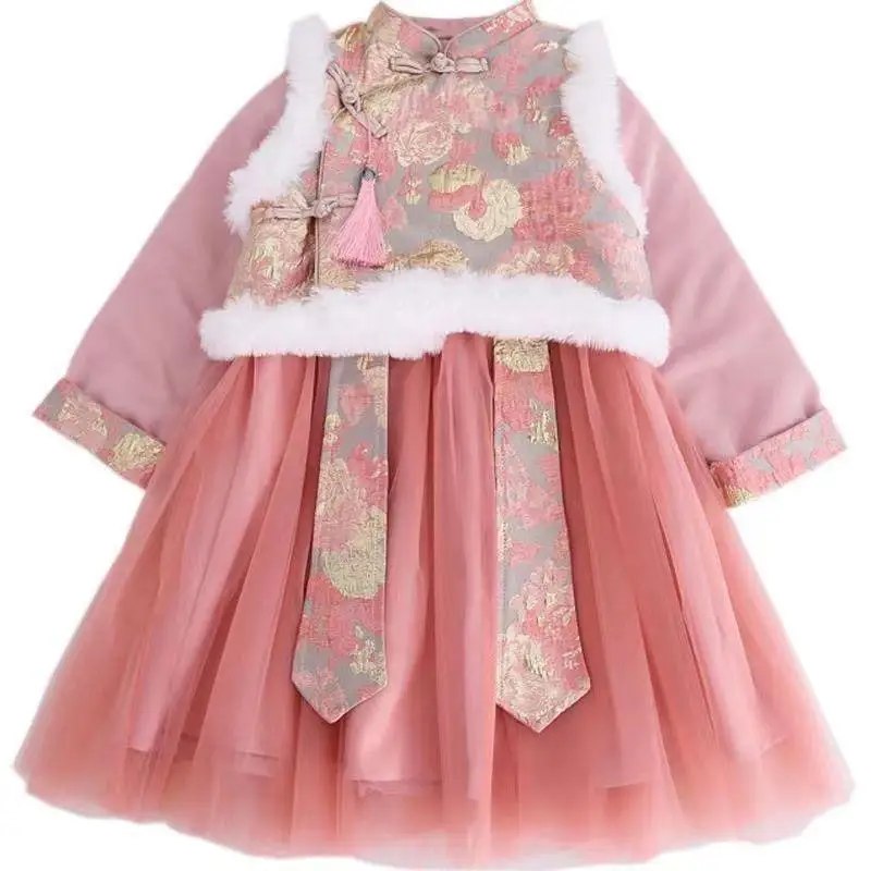 

Новинка, осенне-зимний костюм ханьфу для девочек, платье принцессы в китайском стиле, Детский костюм Чонсам Тан, комплект розовой одежды для девочек