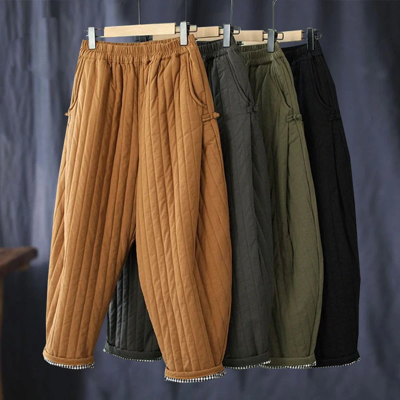 

Теплые брюки-султанки большого размера 4xl, зимние Пуховые хлопковые повседневные мешковатые ветрозащитные брюки с высокой талией, Новинка