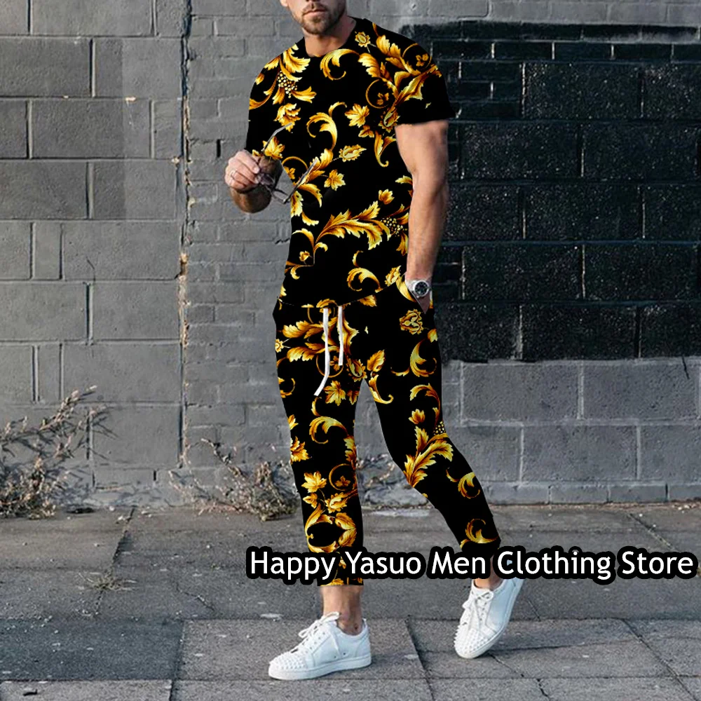 Summer Men‘s T Shirt Trousers Set Luxury Gold Print Male Clothes Outfit Fashion Tracksuit 2 Piece Suit Casual Jogging Sportswear