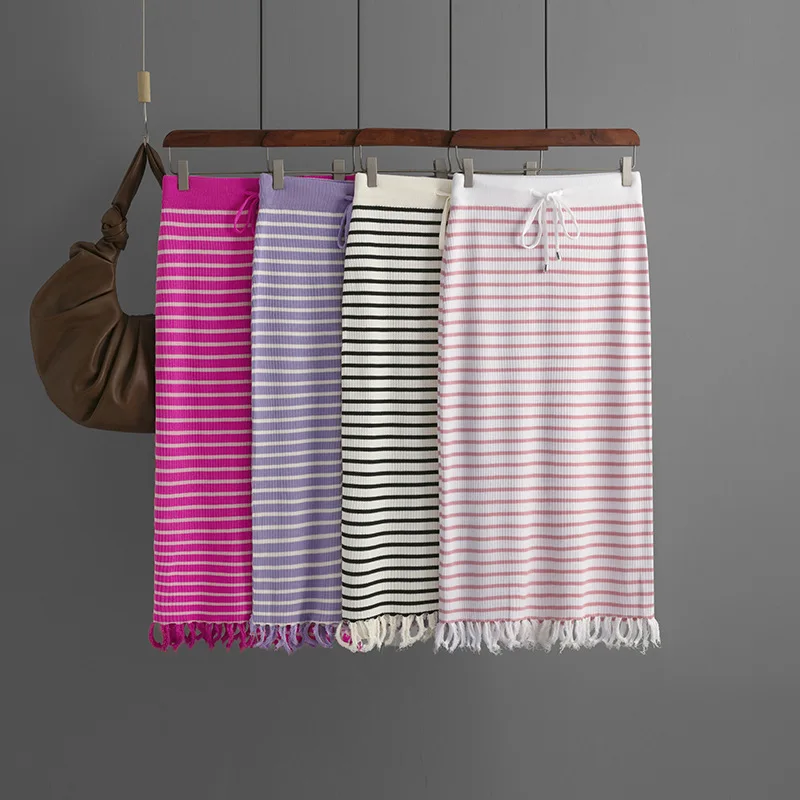 

Autumn Casual Ice Stripe Skirt for Women Korean Fashion New Knitted Midi Long Dress for Women Temperament Bottom Fringe Skirts