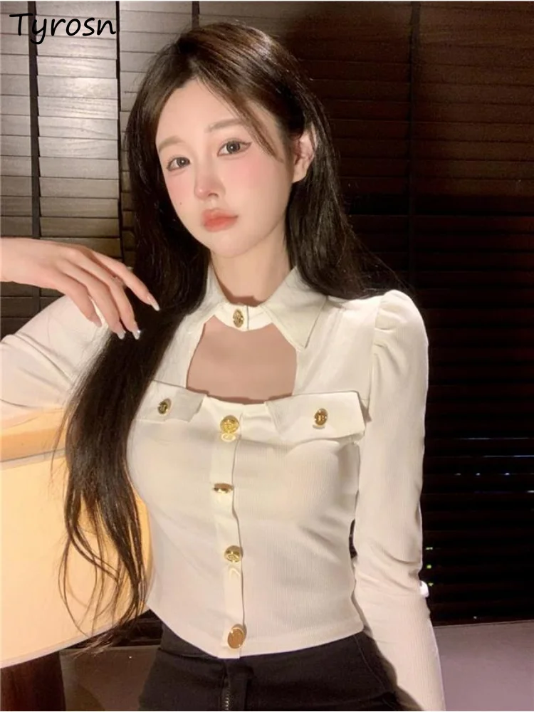 

Футболка женская однотонная с отложным воротником, элегантная пикантная Простая Повседневная Базовая рубашка с вырезами, в Корейском стиле, для студентов, весна