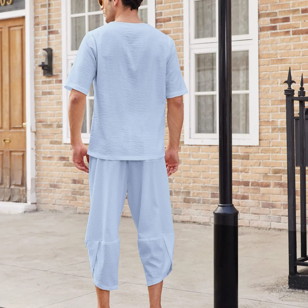 Summer Cotton Linen Shirt Set Men's Casual Outdoor 2-Piece Suit Andhome Clothes Pajamas Comfy Breathable Beach Short Sleeve Sets