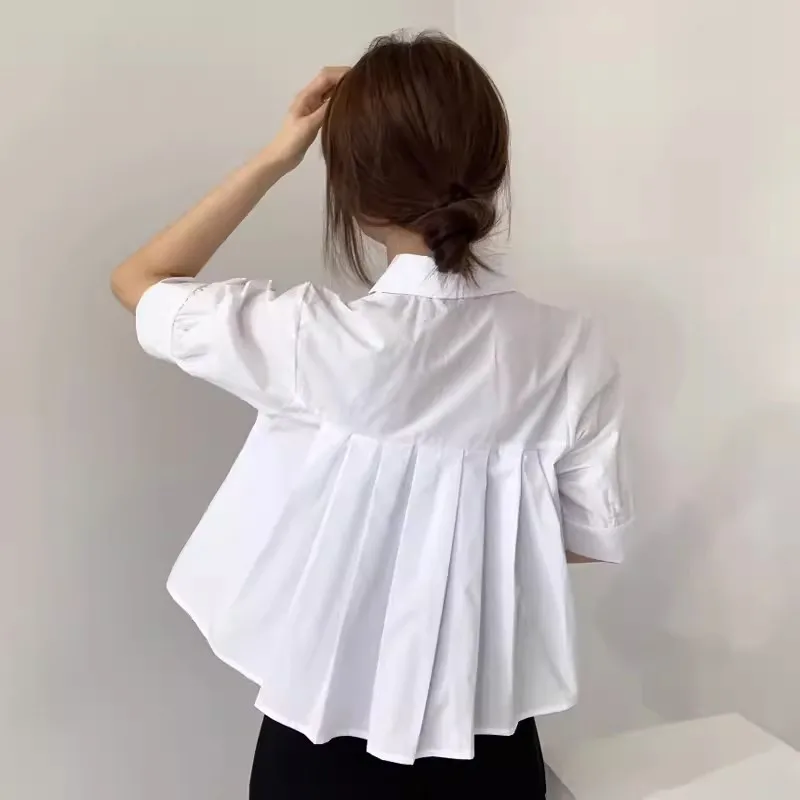 Блузка женская плиссированная Свободная белая с отворотом на спине