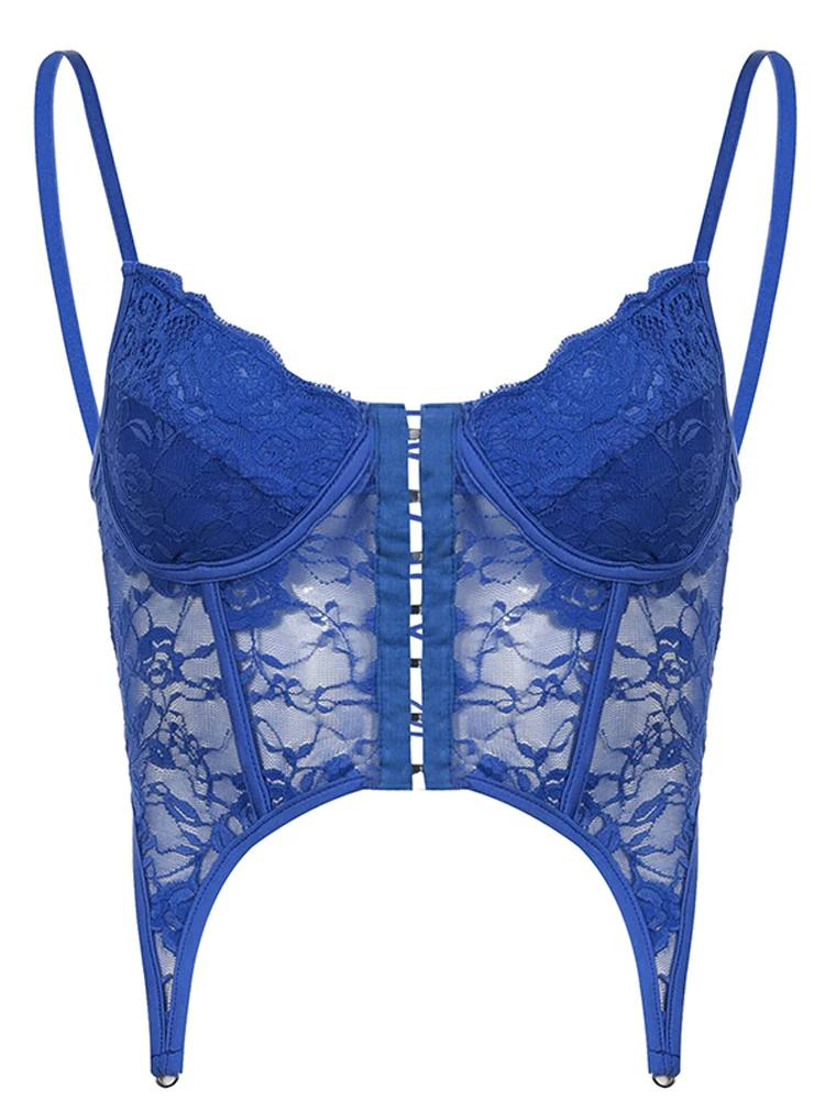 Модный Узкий синий корсет Darlingaga Y2K на бретелях кружевной топ Женский Бандаж с