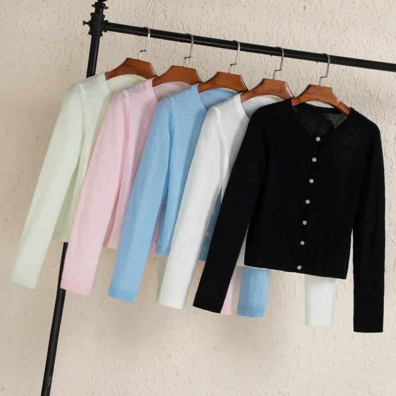 

Tricot Korean Fashion Style Clothing Outerwear Cropped Blouses Cardigan Female Black Jersey Cashmere Sweater Women Crochet Top