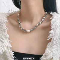 baroque shaped pearl beaded necklace with tide metal stitching clavicle chain retro fashion womens choker