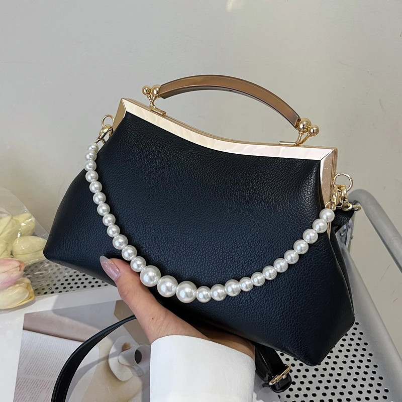 

elegant ladies handbag pearl necklace handbags for women concise metal clip evening women's bag 2022 trend shoulder crossbody ba