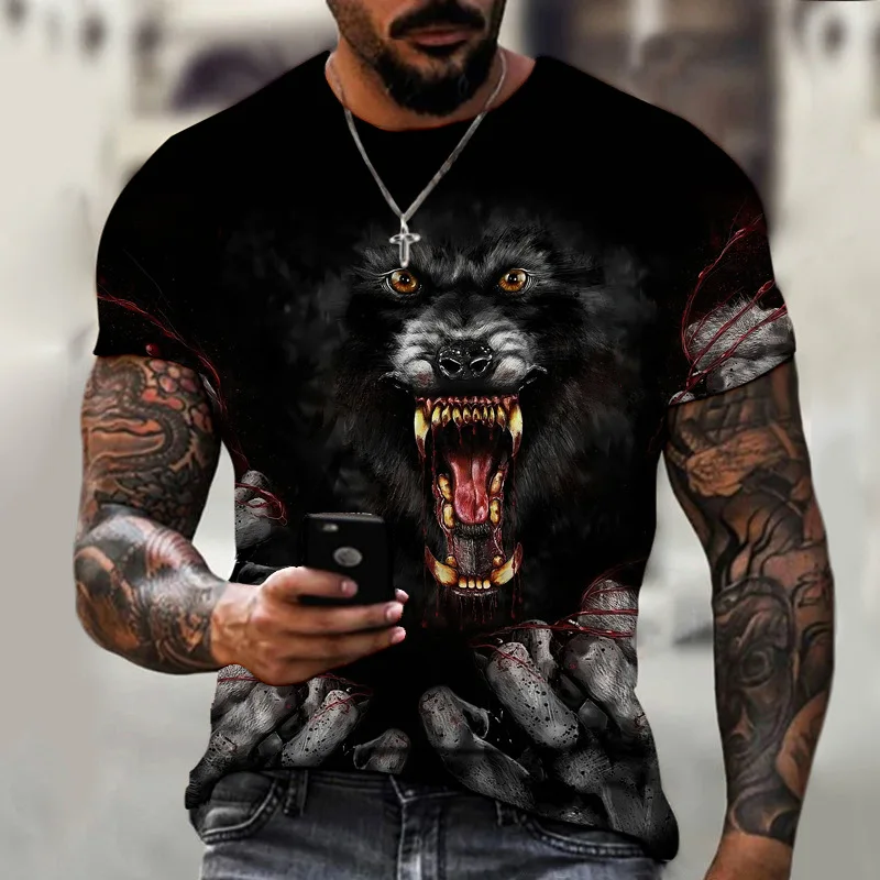 

Summer Hot Sale Wolf Print T-Shirt Man Oversized Breathable T Shirt Round Neck Casual Tshirt High Quality Harajuku Clothing Tops