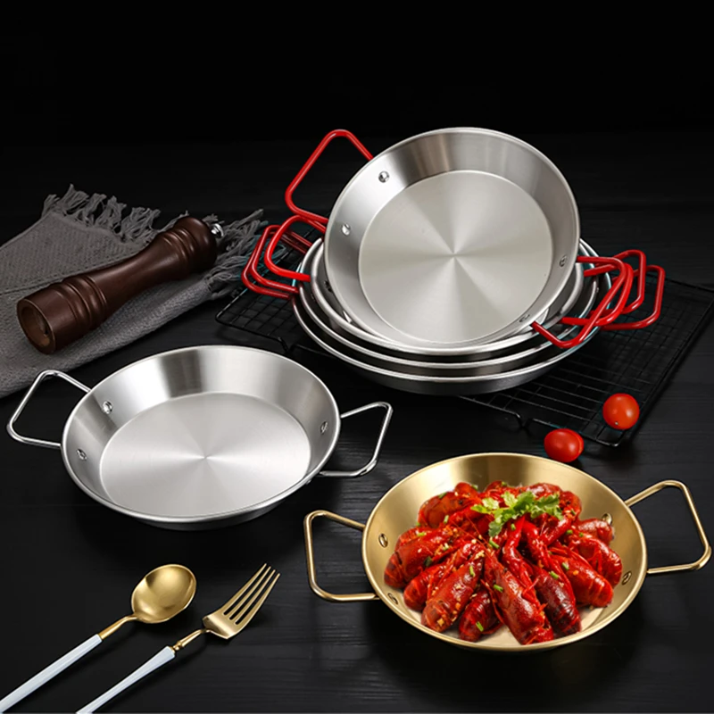 

Spanish Stainless Steel Seafood Plate Double Ear Thick Flat-bottomed Pot Fried Chicken Pan Salad Pasta Plate Restaurant Tray