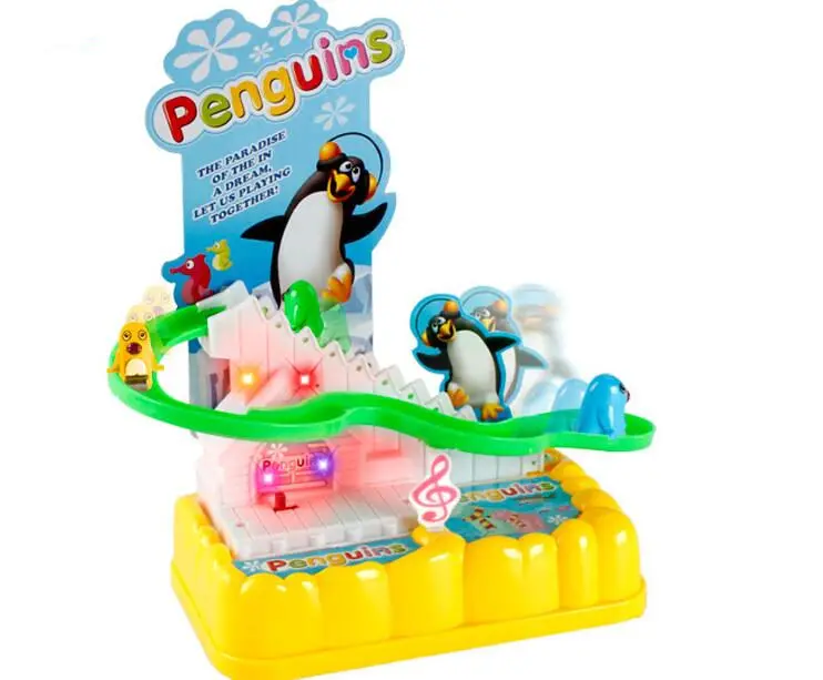 Hot Famous Electric Pet Cute Small Penguin Climb Stairs Tracks little rail car With Light Music Funny toy child baby gift toys